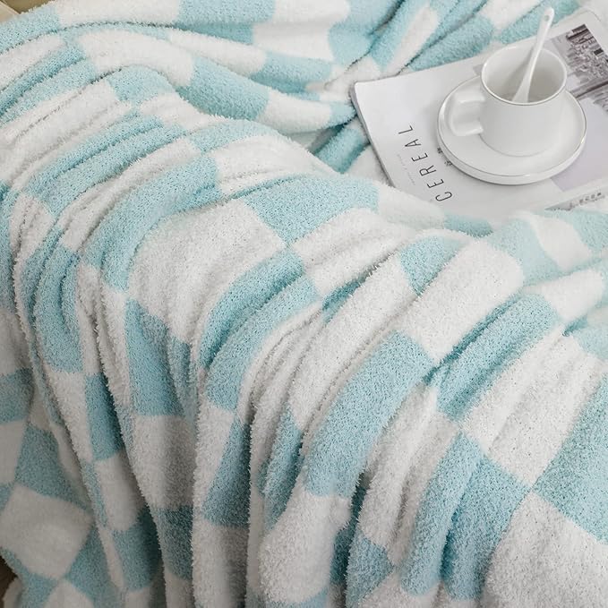 bearberry Fuzzy Checkerboard Grid Throw Blanket Soft Cozy Warm Microfiber Bed Blanket Decor for Couch Sofa Bed Travel Home (Baby Blue, 60''x80'')
