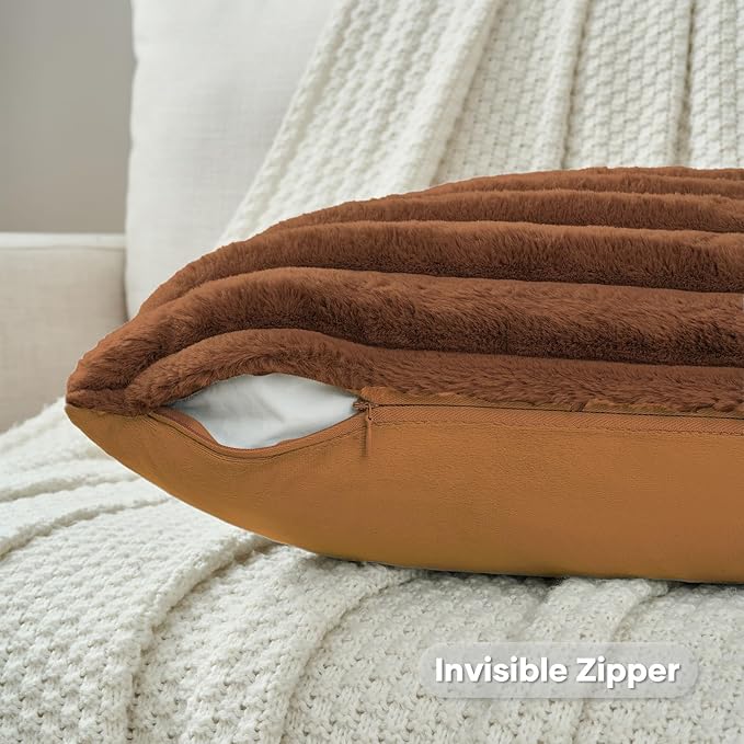 FUTEI Rust Decorative Throw Pillow Covers Set of 2, 20x20 Inch Soft Fluffy Faux Fur Plush Striped Cushion Cases, Modern Home Decor for Couch Bed Living Room
