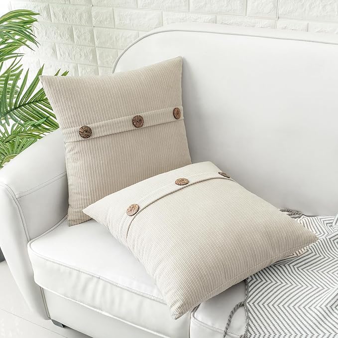 HWY 50 Cream White Chenille Throw Pillow Covers 18x18 Inch with Triple Buttons, Soft Farmhouse Accent Decorative Cushion Cases for Couch Sofa Bed Living Room Bedroom Pack of 2