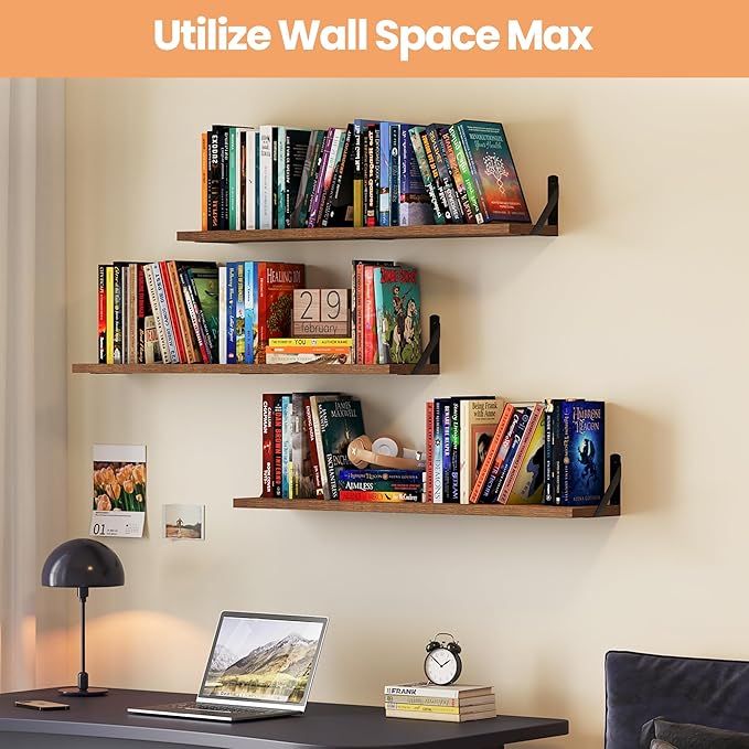 upsimples 35.4 Inches Floating Book Shelves for Wall, Long Floating Wood Shelves for Living Room, Library, Bedroom, Office Organizer and Storage, Brown