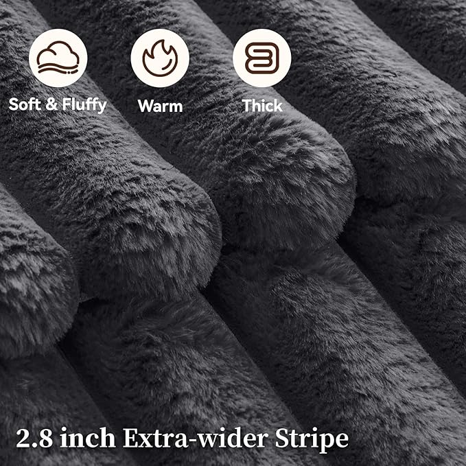 Fluffy Faux Fur Throw Blanket, Thick 1000GSM Soft Cozy Throw Blankets for Bed, Luxury Plush Striped Warm Fuzzy Blanket for Couch LivingRoom Home Decor & Gifts(50" x 70",Dark Grey)
