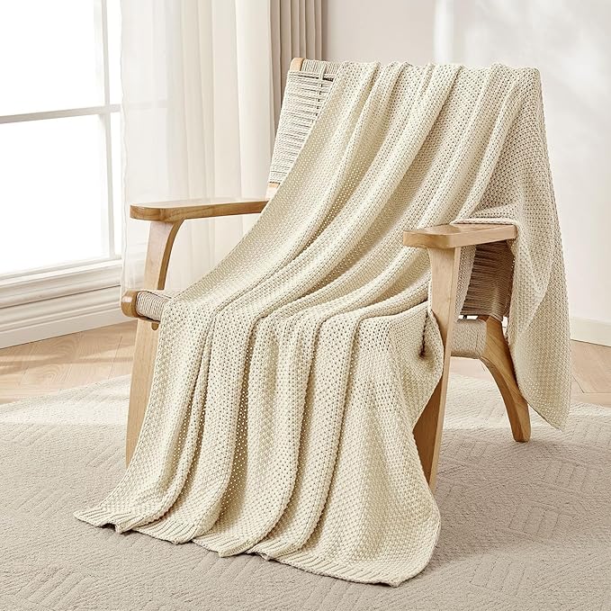 Joydeco Chunky Cable Knit Throw Blanket, Lightweight 100% Cotton Soft Cozy Throw Twin Blanket for Couch Bed and Sofa, Rustic Breathable Farmhouse Blanket Gift for Women Men(Cream White, 60"x80")