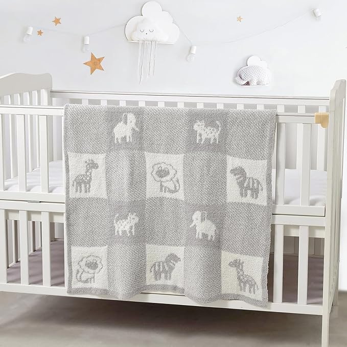 CREVENT 2Pcs 30''X40'' Cute Cozy Fluffy Warm Baby Blankets for Infants Toddlers' Bedding Crib Cot Stroller - Grey Cloud + Knit Animal Grey