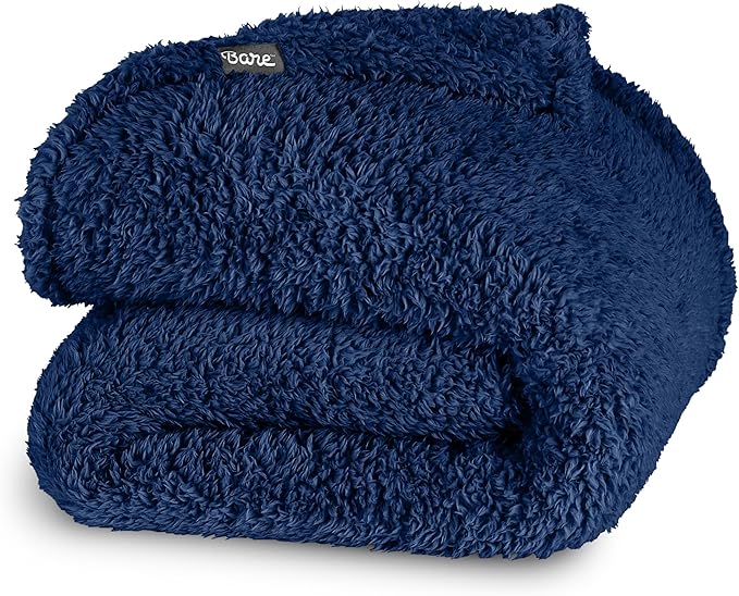 Bare Home Faux Shearling Blanket - King Size - Blanket for Bed, Sofa, Couch, Camping, Travel, and Gifts - Warm & Lightweight - Fluffy & Soft (King, Solid Dark Blue)