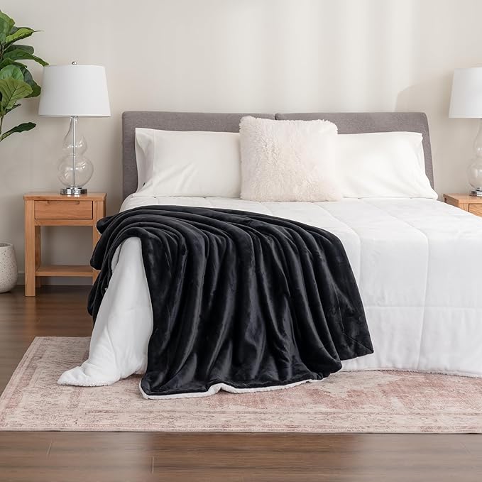 Berkshire Blanket-Sherpa Throw Blanket, Warm and Soft Loftmink Reversible Throw for Couch, Sofa and Travel, Black, 50 in x 60 in