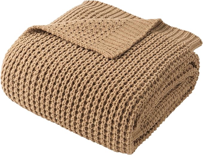 Bunnikins & Clover Beige Throw Blanket for Couch, Knitted Beige Throw for Bed, Neutral Throw Blankets Tan Blanket for Room Decor Housewarming Gifts, 60"x80"