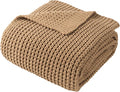 Bunnikins & Clover Beige Throw Blanket for Couch, Knitted Beige Throw for Bed, Neutral Throw Blankets Tan Blanket for Room Decor Housewarming Gifts, 60"x80"
