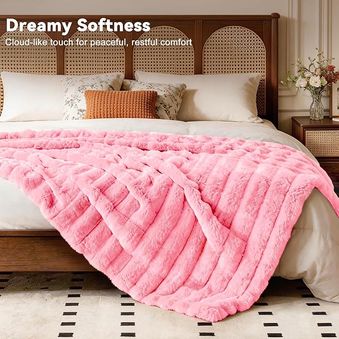 Faux Fur Throw Blanket for Couch, 850GSM Cozy Soft Plush Thick Striped Luxury Blanket for Sofa Living Room Bedroom,50 * 60 Inches, Pink