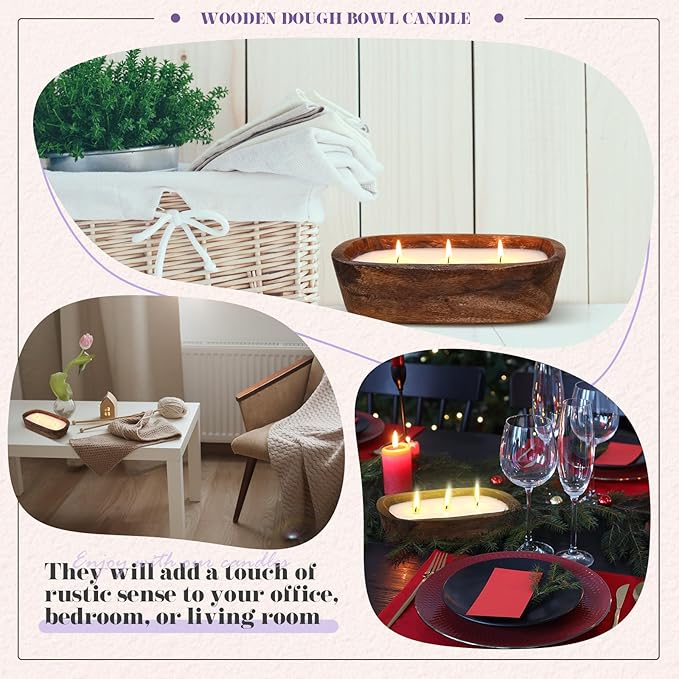 Threlaco 1 Pack 10 Inch Wood Dough Bowl Candles Home Rustic Dough Bowl Soy Candle 3 Wick Scented Candles Gifts for Men Women Farmhouse Table Centerpiece Home Decor for Christmas(Lavender)