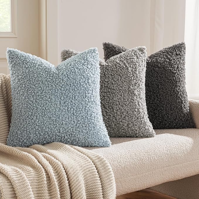 MIULEE Pack of 2 Throw Pillow Covers 18x18 Inch Light Blue Faux Fur Decorative Sherpa Pillow Covers Fuzzy Accent Soft Sheepskin Fleece Cushion Cases for Boho Home Decor Couch Living Room Bed