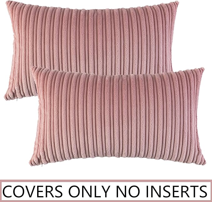 UGASA Velvet Pillow Covers Striped Soft Textured Throw Cushion Cases Pack of 2 Valentines Day Accent Corduroy Lumbar Pillowcases with Hidden Zipper for Home Decor Indoor 12"x20", Baby Pink