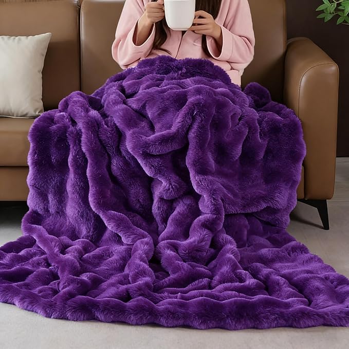 Purple Faux Fur Thick Bed Soft Throw Blanket 60X80 for Couch Living Room Fluffy Bubble Faux Rabbit Fur Blanket Warm Bunny Blanket Home Decor 860 GSM