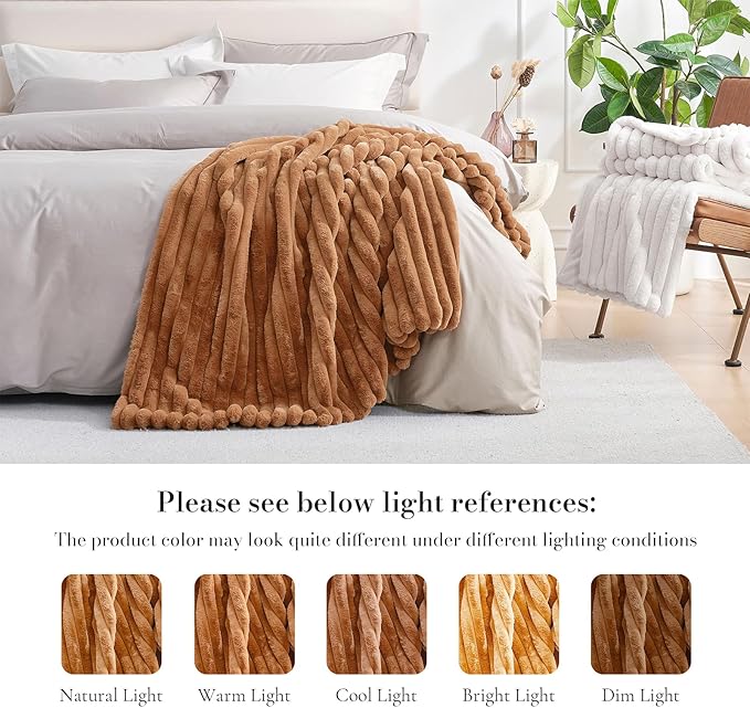 Amélie Home Faux Fur Throw Blanket for Couch, Cozy Fuzzy Fluffy Fur Luxurious Soft Striped Plush Gift Blankets for Family Sofa Chair Bedroom, 55"x70", Orange Brown