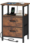 Vagusicc Nightstand with Charging Station, Small Night Stand with Fabric Drawers for Bedroom, End Table, Bedside Table with USB Ports & Outlet, 24.2" Tall Bed Side Table with Open Shelf, Rustic Brown