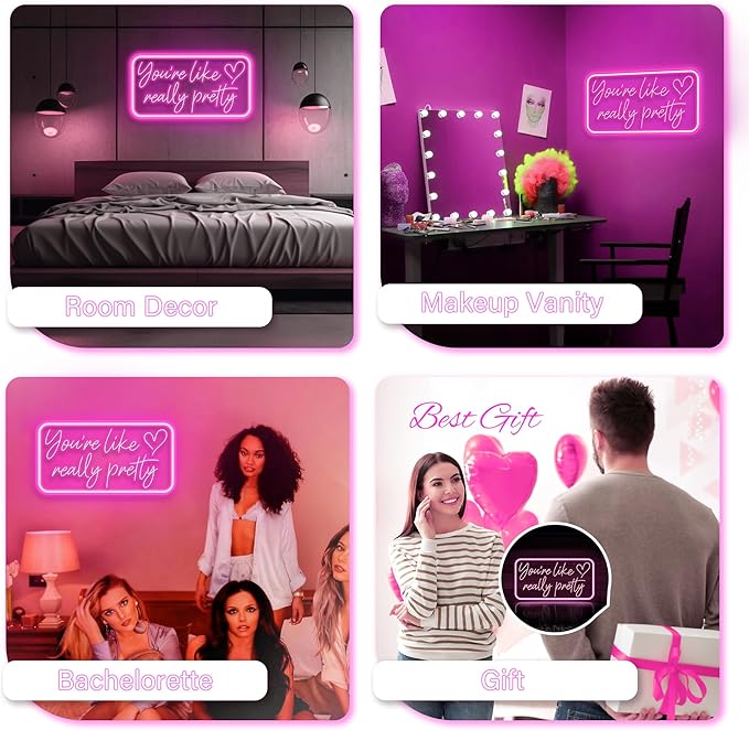 You're Like Really Pretty Neon Sign for Wall Decor, Pink LED Neon Lights Signs Neon Light Up Sign for Bedroom, Salon, Wedding Party - Best Gifts for Teen Girls