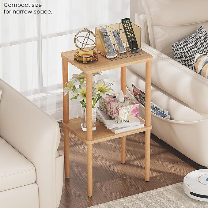 Solid Wood Side Table, 2-Tier Tall End Table with Storage Shelf, Small Nightstand Bedside Table for Bedroom, Living Room, Kids Room & Small Spaces, No-Tool Assembly,(Natural)