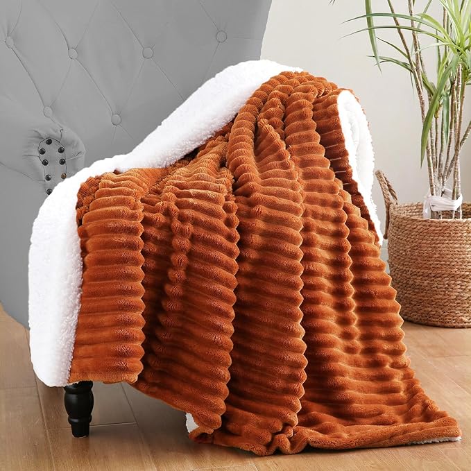 Burnt Orange Sherpa Fleece Throw Blanket 60”×80” for Couch Sofa Bed,Double Side Soft Cozy Plush Thick Flannel Blanket with Striped Design,Gift for Adults,Woman,Girls