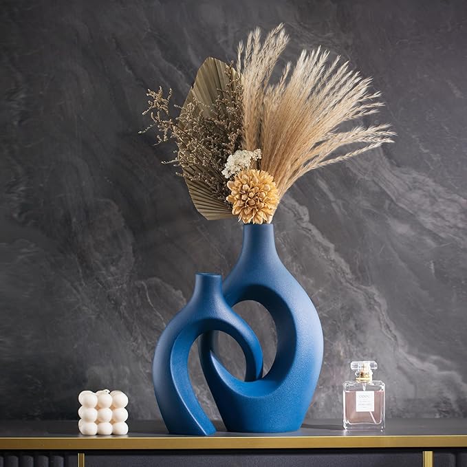 Liotww Snuggle Hollow Ceramic Vase Set of 2, 11 inch Hug Donut Modern Nordic Boho Style Vases for Home Decor Anthropologie Aesthetic Living Room Shelf Entryway Table Decorative (Navy Blue)
