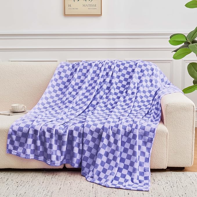 FY FIBER HOUSE Checkered Flannel Fleece Throw Blanket Queen Size Soft Cozy Checkerboard Grid Print Chessboard Gingham Pattern Blankets for Bed Couch Sofa, 90"x90", Periwinkle Blue