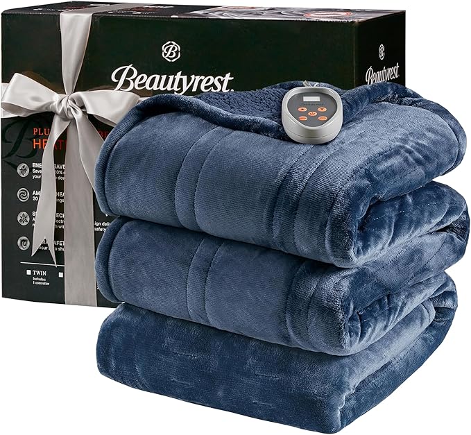 Beautyrest Heated Blanket, Electric Blanket, Soft, Warm, Reversible Plush - Sherpa Heating Blanket with 20 Heat Settings, 1-10 hrs Timer Auto Shut Off, Machine Washable, Twin (84 inx62 in), Indigo