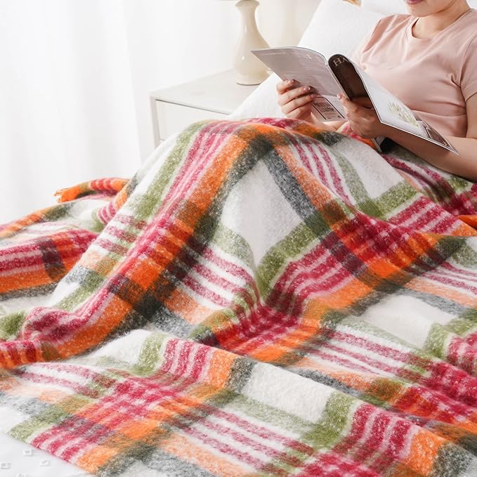 BATTILO Christmas Red Plaid Throw Blanket for Couch Bed, Soft Mohair Tartan Plaid Blanket, Farmhouse Style Checkered Pattern, Red Green Throw Blankets for Home Decor(50"x60")
