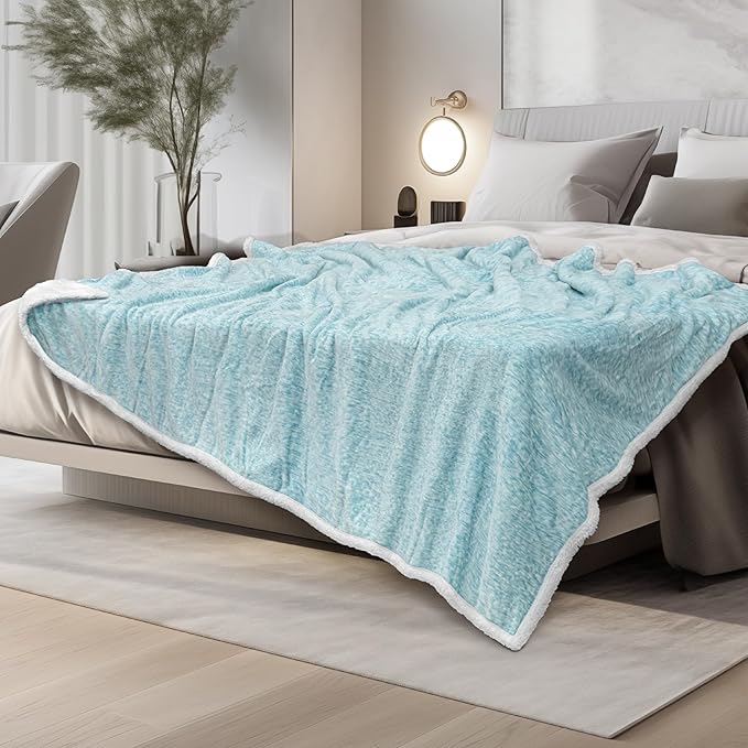 PAVILIA Melange Teal Blue Twin Bed Sherpa Blanket Throw, Warm Soft Cozy Reversible Blanket Couch Sofa, Thick Plush Large Fleece Blanket, Decorative Home Room Decor Gift Men Women, 60x80 Turquoise Aqua
