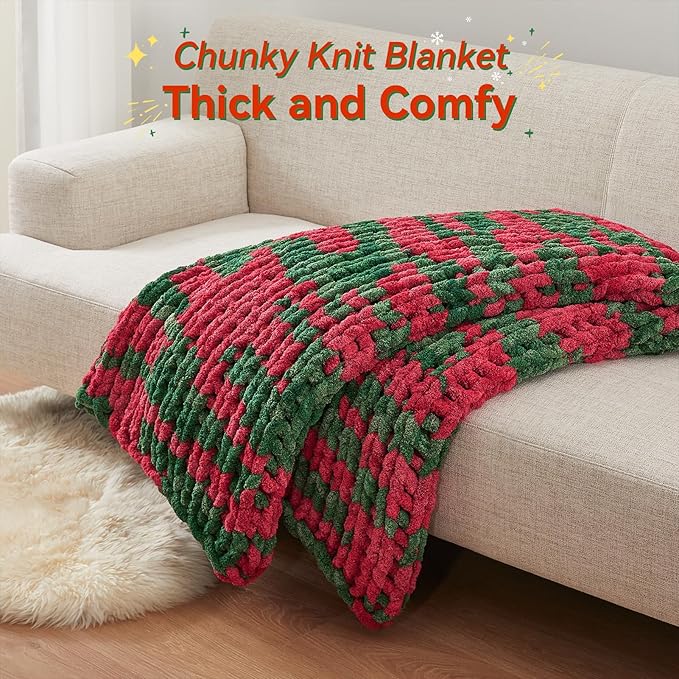 Chunky Knit Throw Blanket, 80''*90'' Knitted Throw Chenille Yarn for Bed Couch, Handmade Stripe Crochet Big Thick Blanket, Machine Washable Cute Comfy Blanket for Home Decor