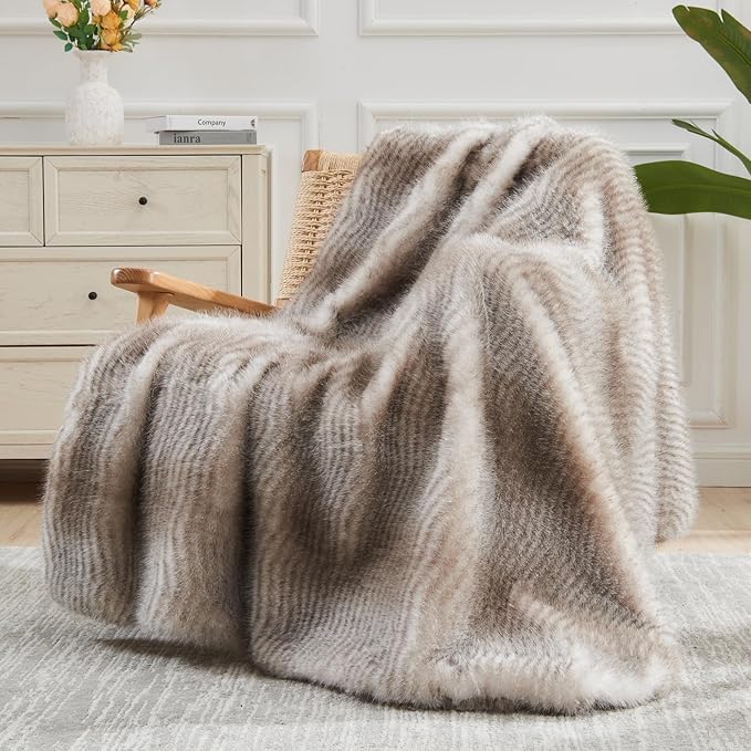 NEWCOSPLAY Faux Fur Throw Blanket Luxury Fluffy Thick Warm Blanket for Couch Sofa Bed 1000GSM (Stripe Light Grey Thick, Throw(50"x60"))