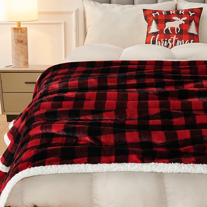 BEAUTEX Christmas Sherpa Fleece Throw Blanket, Super Soft Warm Buffalo Plaid Plush Blankets and Throws, Warm Winter Cozy Fuzzy Blanket for Couch Sofa Bed (Red, 50" x 60")