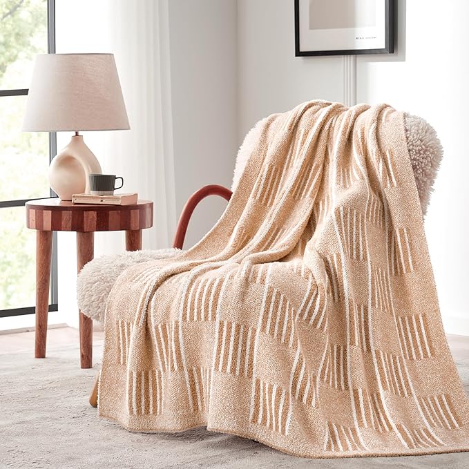 Snuggle Sac Checkered Throw Blanket Faux Fur Microfiber Blankets for Couch,Reversible Soft Cozy Warm Blanket for Sofa Bedroom,Cute Lightweight Striped Throws for Women,Heather Beige,50x60 inches