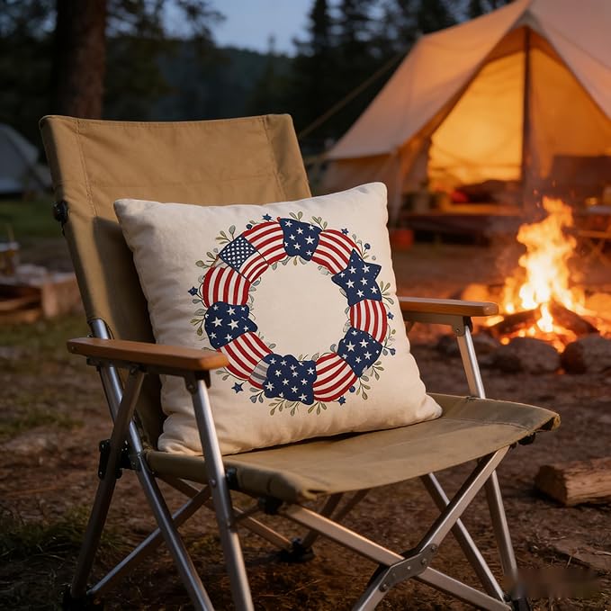 4th of July Patriotic Wreath Independence Day Throw Pillow Covers, American Flag Stars and Stripes Design, Set of 2 18x18 Pillows Linen Pillowcase
