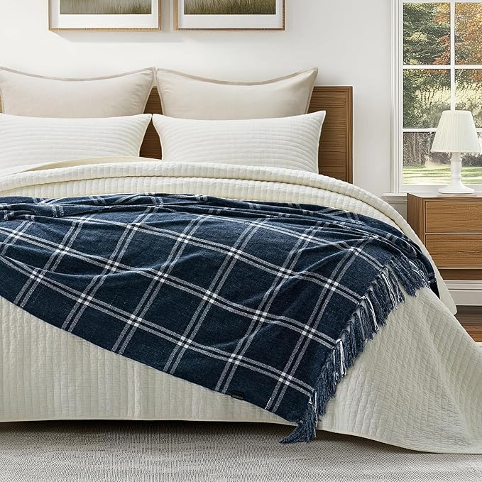 EverGrace Plaid Chenille Throw Blanket for Couch, Super Soft Cozy Decorative Windowpane Grid Plaid Throw with Tassels, Lightweight Chenille Knit Throw for Bed Sofa Gift, Navy & White 50”x60”