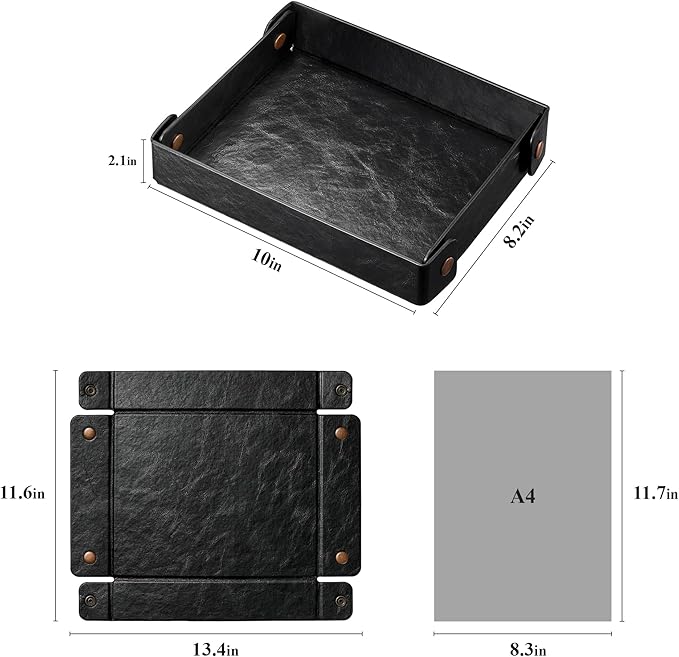 Catch All Valet Tray - EDC Organizer for Key, Wallet, Watch, Jewelry, Phone, coin change | Faux Leather Storage Tray for Dresser, Nightstand, Desk, Entryway, Travel Storage | Black