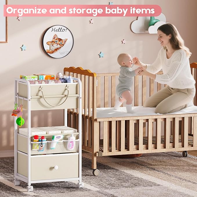 2In1 Baby Diaper Caddy Organizer and Storage, 3 Tier Rolling Cart with Drawer, Mobile Utility Cart Baby Dresser Clothes Organizer for Crib, Art & Craft Storage, White, 17"W x 11.42"D x 33.5"H