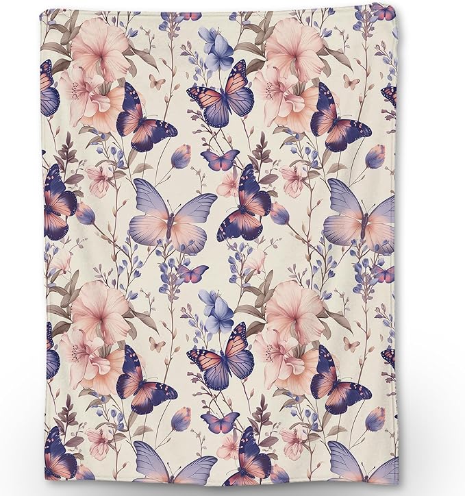 Butterfly & Flowers Blanket | Soft Warm Fuzzy Lightweight Flannel Throw Blanket Perfect for Couch, Bed, Travel & Outdoor Use, Cozy Blankets for Adults Kids Women Girls 60×50 in
