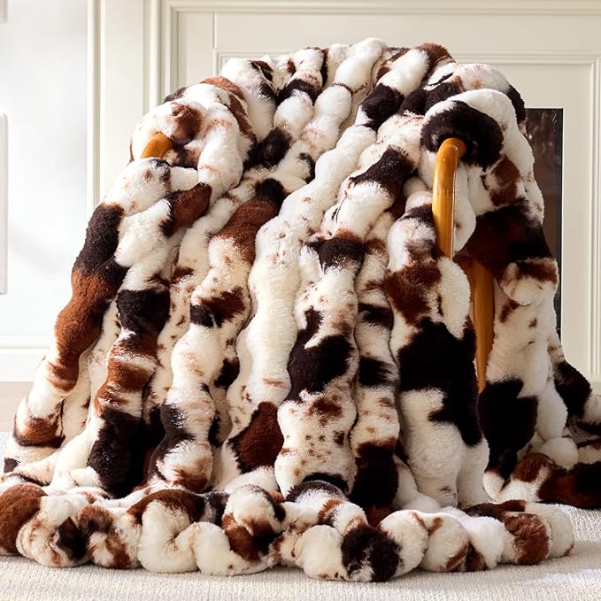 Faux Fur Throw Blanket, 1000GSM Fluffy Soft Bubble Blanket for Couch Bed, Cozy Plush Warm and Thick Blanket, Fuzzy Rabbit Throw for Living Room Bedroom 60''*80'' Cow Brown