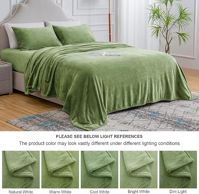 BEDELITE Flannel Sheets Queen Size Sage Green - Super Soft Fleece Sheets Set Fluffy Extra Plush, 4 Piece(Include Fitted Sheet, Flat Sheet, 2 Pillowcases)