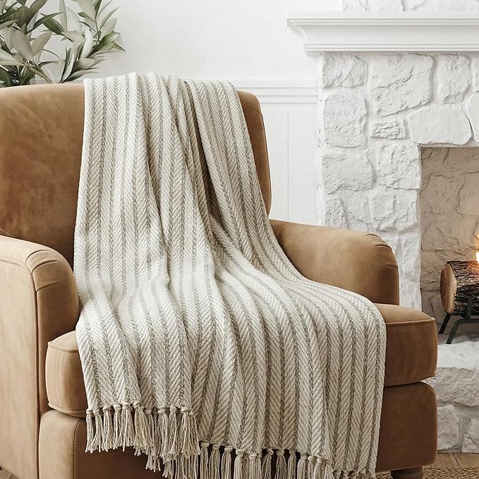 Americanflat 50x60 Throw Blanket - Soft and Breathable Cotton Throw Blanket for Couch, Bed, Chair - Decorative Blankets Perfect for Home, Office, or Outdoor Use - Cream and Beige Pinstripe Design