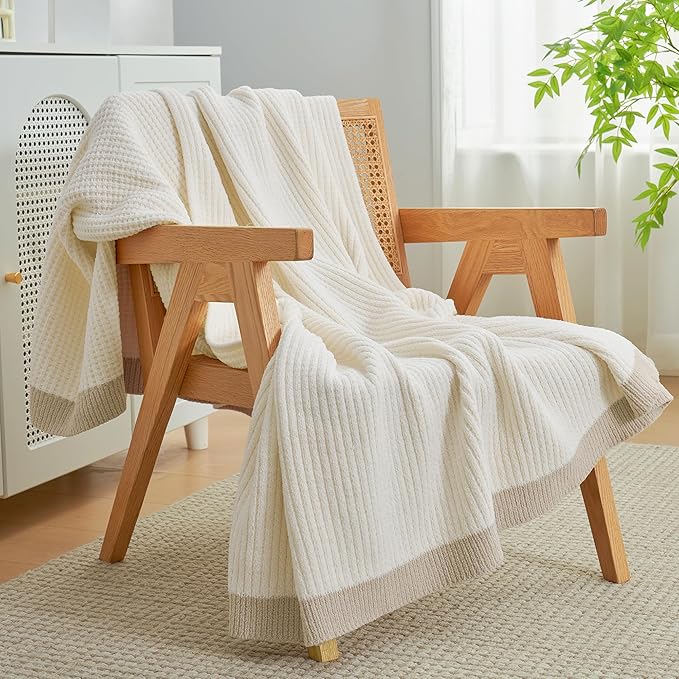 Amélie Home Waffle Throw Blanket for Couch, Soft Cozy Chenille Knit Blanket Warm Decorative Throw for Sofa,50"x60", Ivory