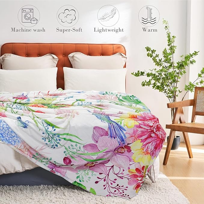 Hummingbird Throw Blanket Floral Flower Throw Blankets Spring Colorful Flannel Fleece Throw Blankets Gifts for Women Children Soft Cozy Plush Throw Blanket 60" x 80"
