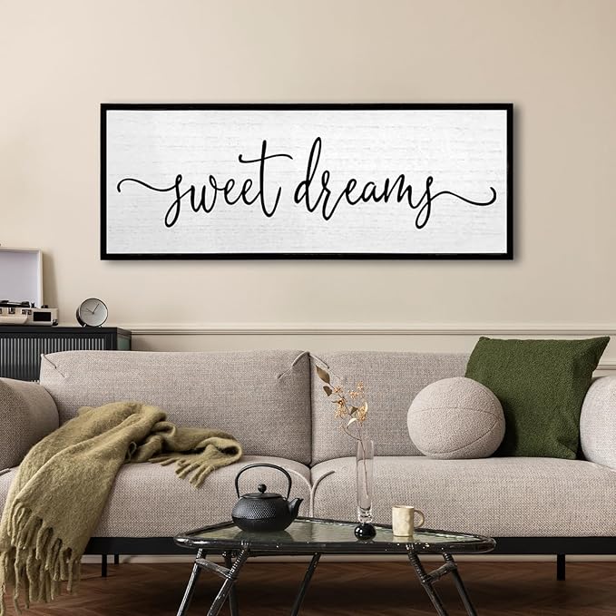 Sweet Dreams Wall Decor Above Bed Sign 24''×10'' Large Wood Framed Master Bedroom Guest Room Sweet Dreams Signs Farmhouse Rustic Wall Art Decoration (Black)