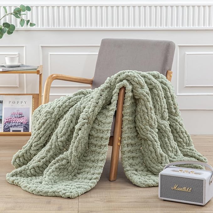 WESHIONGOO Chunky Knit Blanket Throw 50"×60" Knitted Throw Blankets for Couch Bed Fluffy Soft Blanket with Jumbo Chenille Yarn Thick 100% Handmade (Sage Green)