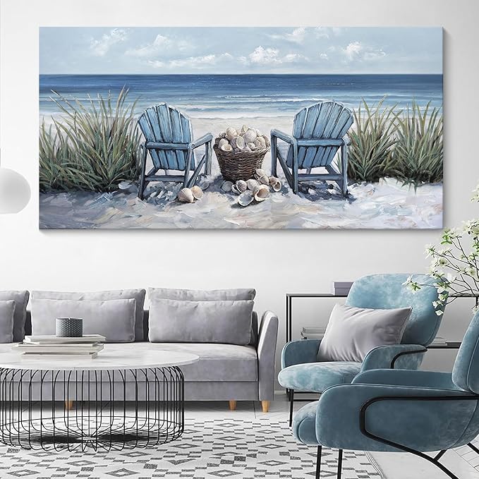 HGUAOA Coastal Wall Art - Large Landscape Wall Pictures for Living Room, Bedroom Pictures, Ocean Beach Artwork, Blue Wall Art, Above Bed Decor, Coastal Landscape Beach Pinting