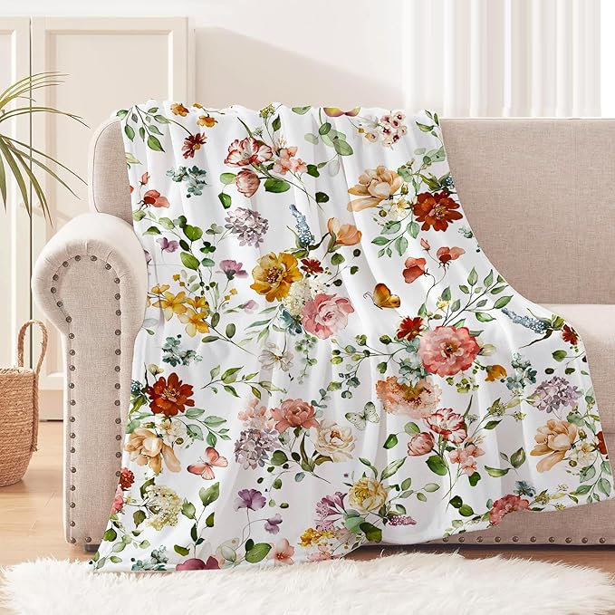 Watercolor Flowers Throw Blanket Botanical Floral Throw Blanket Ultra Soft Flannel Fleece Bed Blanket Cozy Fuzzy Plush Couch Cover Lightweight Wildflowers Plants Blanket for Sofa Bed 60" X 80"