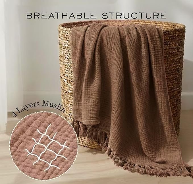KyraHome 100% Organic Cotton Throw Blankets for Couch, 50" x60“, Pre-Washed Breathable Lightweight Gauze Muslin Blankets for Adults, Kid, All-Season, Brown