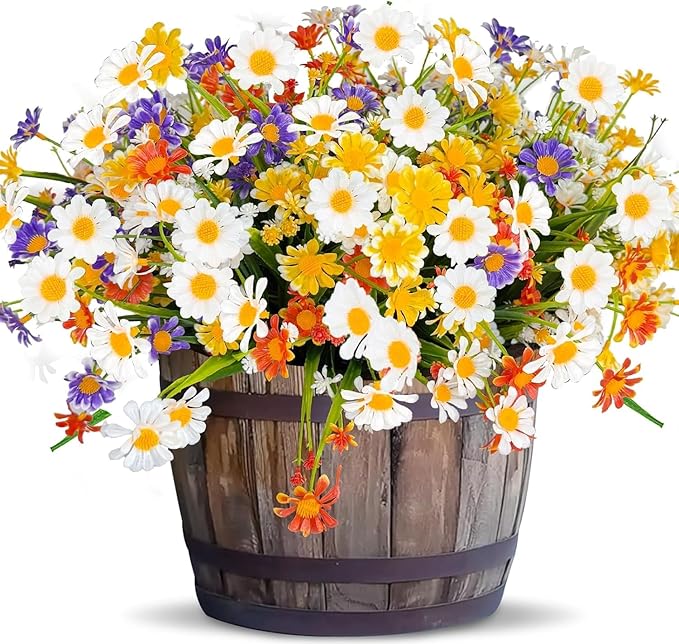 12 Bundles Artificial Daisy Flowers for Outdoors Summer Decor, UV Resistant No Fade Fake Flowers Faux Plastic Greenery Shrub Plants for Hanging Planter Home Gardens Porch Cemetery Décor(Mix 4 Colors)