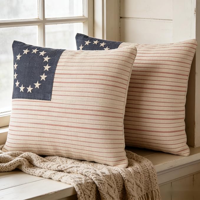 Patriotic American Flag Throw Pillow Covers, Linen, 18x18 Inch, Set of 2, Farmhouse Style, Machine Washable
