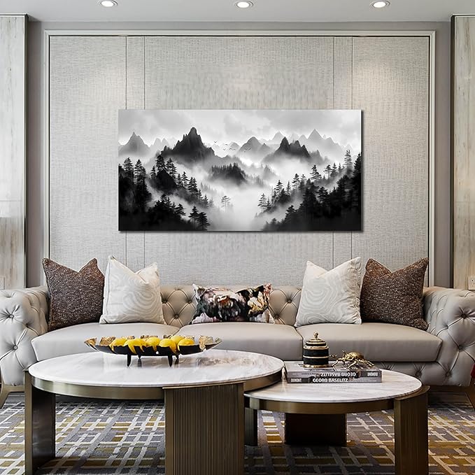 Forest Canvas Wall Art for Office - Black and White Landscape Pictures for Living Room - Mountain Wall Decor for Bedroom Men Size 24" x 48"
