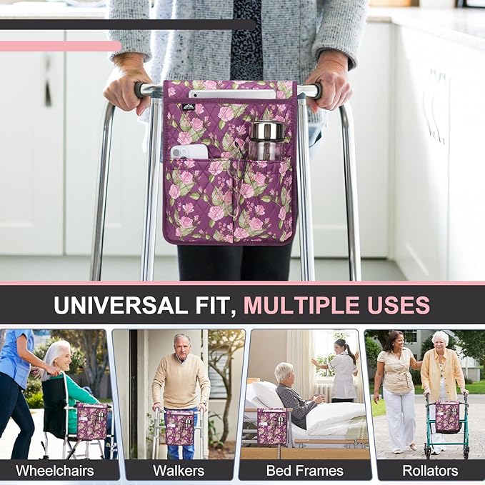 supregear Walker Bag, Universal Seniors Caddy Organizer with Multiple Pockets, Lightweight Accessories for Elderly, Rollators, Wheelchairs and Bedside Rails, Easy to Use Storage Pouch, Floral Purple