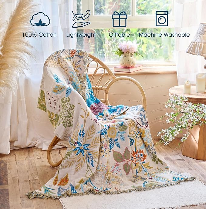 Boho Throw Blanket - 100% Cotton Throw Blankets for Bed Couch, 60"x80" Soft Muslin Lightweight Spring Throw Blanket, Cozy Floral Plant Printed Bohemain Bedding Decor Green Throw Quilt